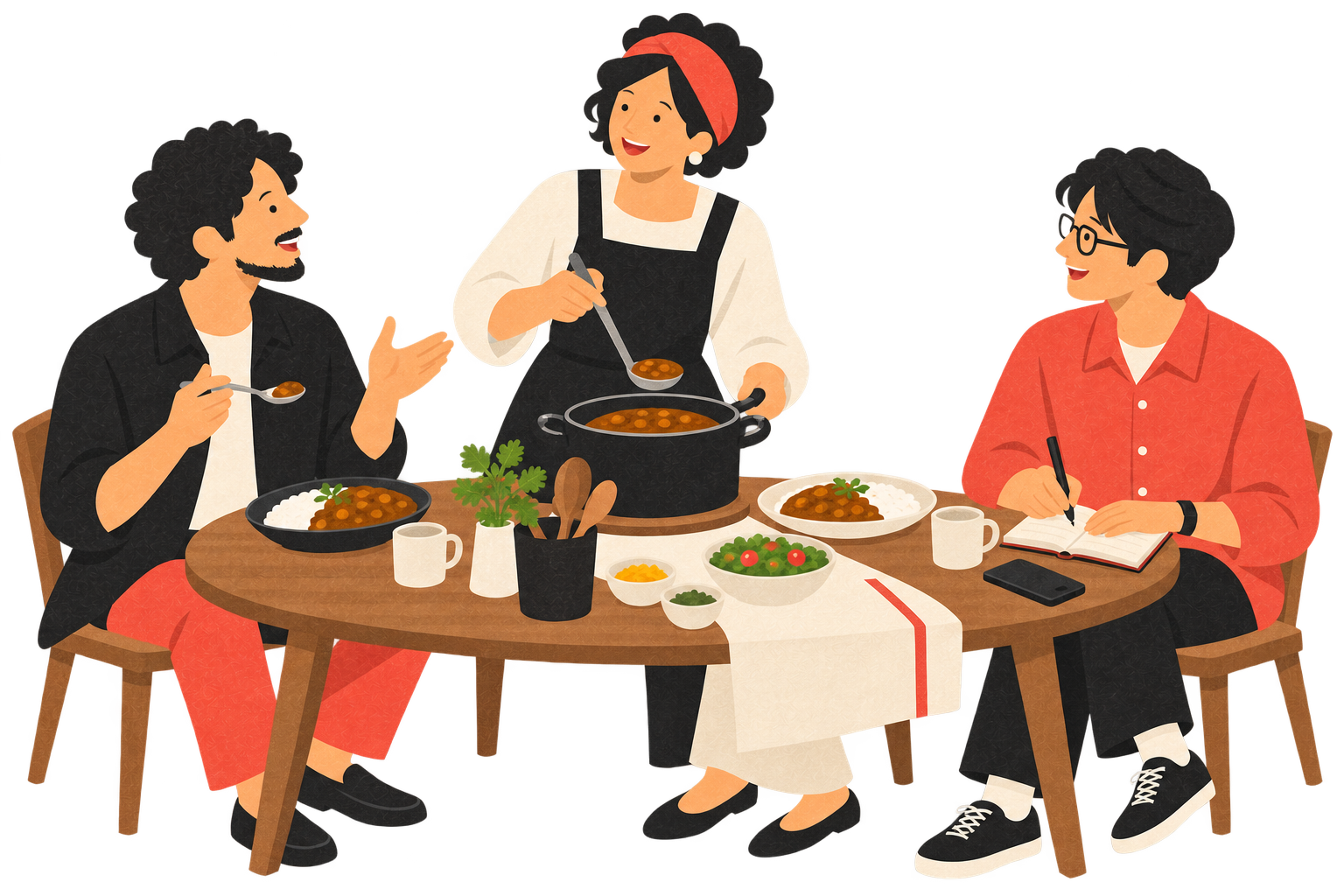 食卓を囲み、カレーをつくる人、食べる人、食事の記録を残す人々