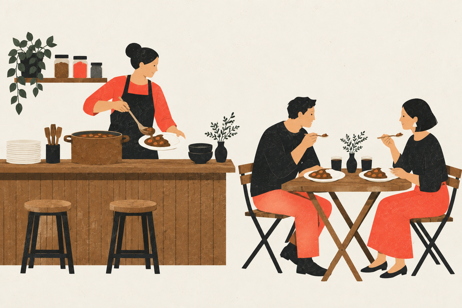 小さなカレーのカウンターと、折りたたみ机で食事する人々（生成イラスト）