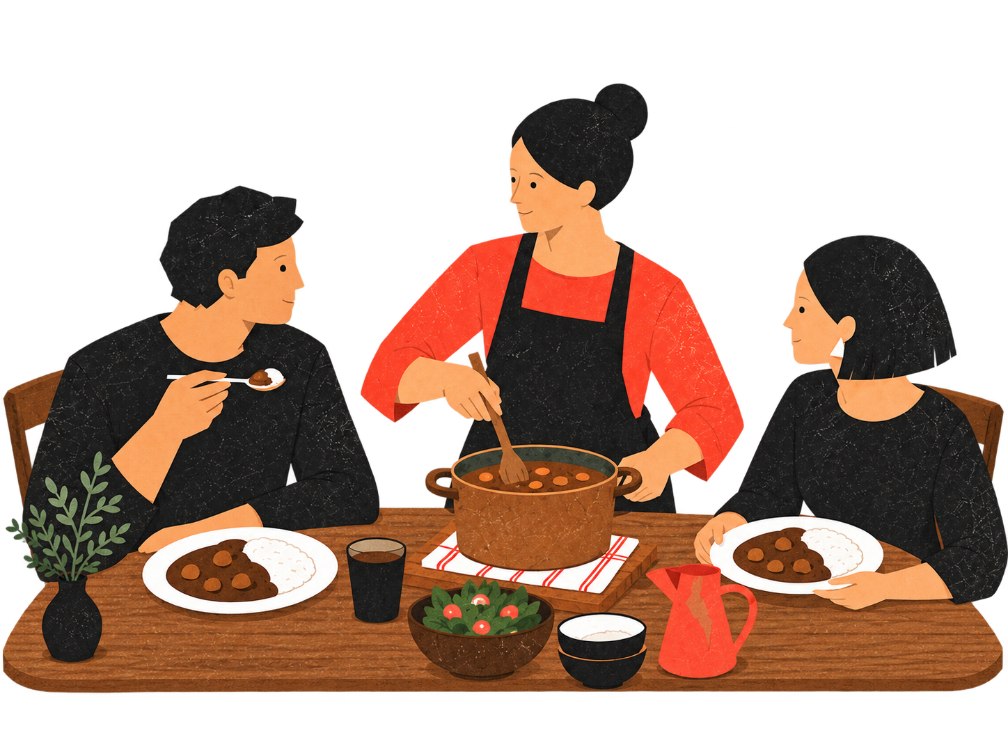 カレーを食べる人、鍋をかき混ぜる人、皿を持つ人が囲む食卓（生成イラスト）